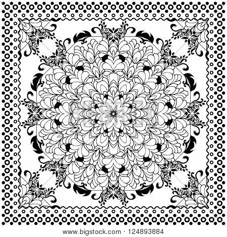 Black Bandana Print design. Fabric pattern for silk scarf. Border vector ornaments.