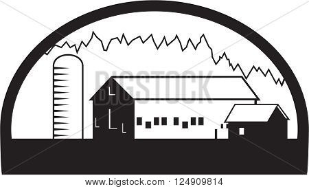 Black and white illustration of a farm house barn and silo set inside half circle shape done in retro style.