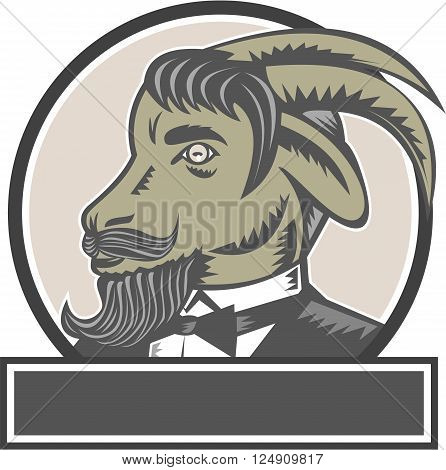 Illustration of a goat ram head with big horns and moustache beard wearing tuxedo suit looking to the side set inside circle done in retro woodcut style.