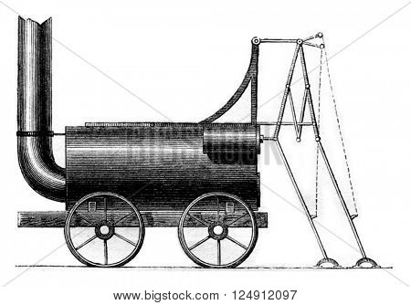 Legs locomotive, Brunton 1813, vintage engraved illustration. Magasin Pittoresque 1861.