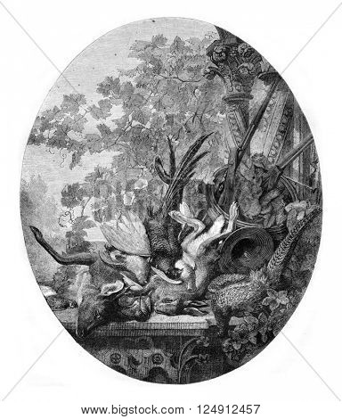 Painting Exhibition of 1857, Still Life by Leon Rousseau, vintage engraved illustration. Magasin Pittoresque 1857.