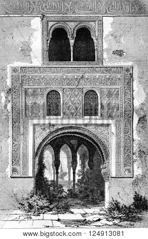 An interior door of the Alhambra, vintage engraved illustration. Magasin Pittoresque 1857.