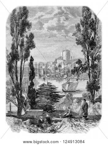 Bosphorus, The Castles of Europe, seen from the Asian side, vintage engraved illustration. Magasin Pittoresque 1857.