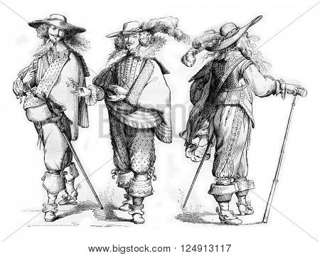 Gentlemen of 1625-1630, for after Abraham Bosse, vintage engraved illustration. Magasin Pittoresque 1857.