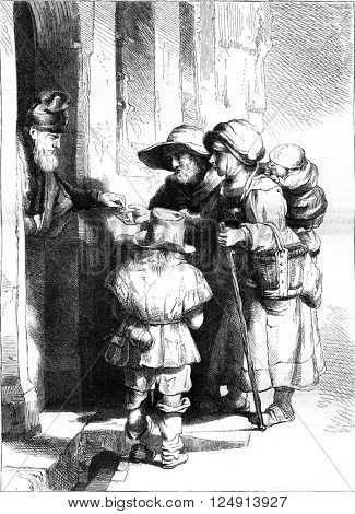Facsimile of a strong water etching by Rembrandt, vintage engraved illustration. Magasin Pittoresque 1847.