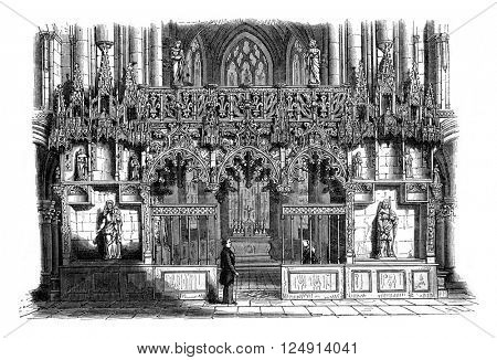 Rood loft of the church of Sainte-Madeleine, Troyes, vintage engraved illustration. Magasin Pittoresque 1847.