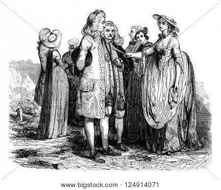 Costumes from 1760-1765, vintage engraved illustration. Colorful History of England, 1837.