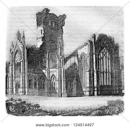 Melrose Abbey, Scotland, partly destroyed in 1650, vintage engraved illustration. Colorful History of England, 1837.