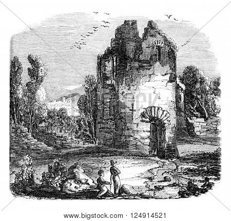 Castle Ruins kendal, vintage engraved illustration. Colorful History of England, 1837.