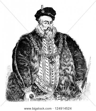 Portrait of Leicester, from the original in the possession of the Marquess of Salisbury, is Hatfield, vintage engraved illustration. Colorful History of England, 1837.