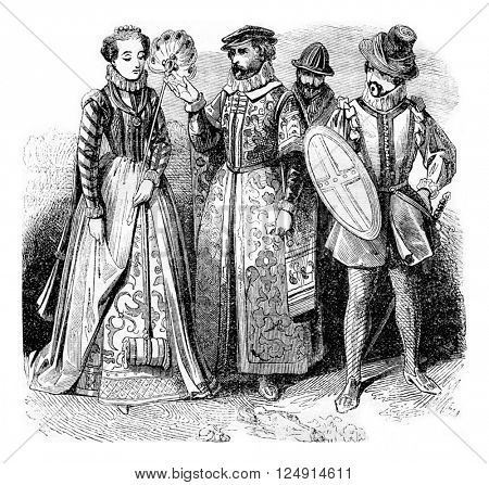 Quality lady, Rich merchant, Gentleman, vintage engraved illustration. Colorful History of England, 1837.
