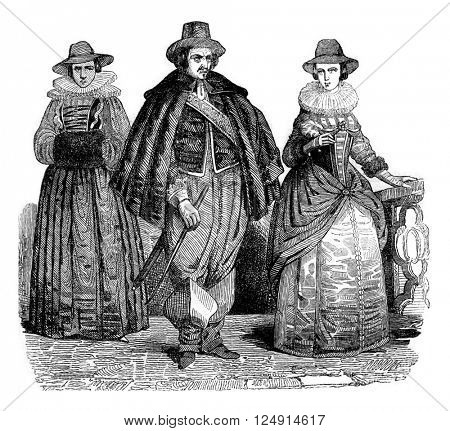 Civil suits the reign of Charles I, vintage engraved illustration. Colorful History of England, 1837.
