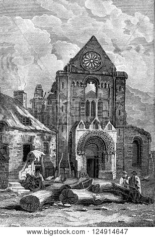 Ruins of Jedburgh Abbey in Scotland, vintage engraved illustration. Colorful History of England, 1837.