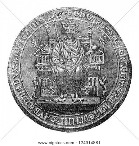 Seal of Edward II, vintage engraved illustration. Colorful History of England, 1837.