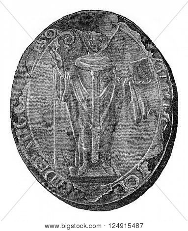 Seal of the archbishop of Canterbury, Anselm, vintage engraved illustration. Colorful History of England, 1837.