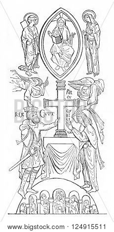 Portraits of King Canute and his wife Alfghive, vintage engraved illustration. Colorful History of England, 1837.