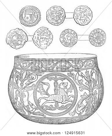Vase and coins time Canute, vintage engraved illustration. Colorful History of England, 1837.