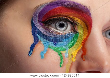Make up from color rainbow crying on the eye. Fashion on stage make up. Beauty extreme make up. Close up photo