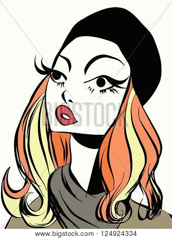 sketch of the head of a girl with long hair color