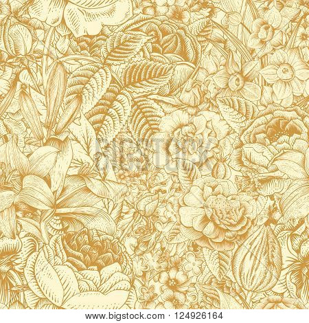Summer seamless floral pattern. Vintage flowers Art. Gold flowers on a beige background. Roses lilies daffodils tulips and delphinium.
