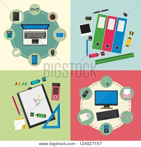 Set of flat design concept icons for web mobile services and apps. Computer device office objects and business working elements for development and management of computer technologies isolated