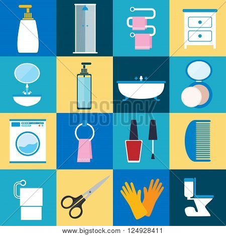 Flat style vector illustration. Bathroom furniture with interior accessories for washing and hygiene accessories icons set isolated on colored background. Personal hygiene and beauty