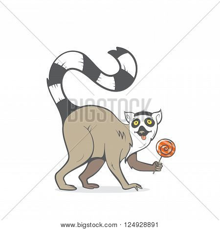 Card with cartoon ring-tailed lemur. Vector image. Hand drawn image. Lemur holding a lollipop in his paw.