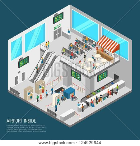 Airport poster of terminal inside presenting arrival hall receipt of baggage inspection zone and other isometric vector illustration