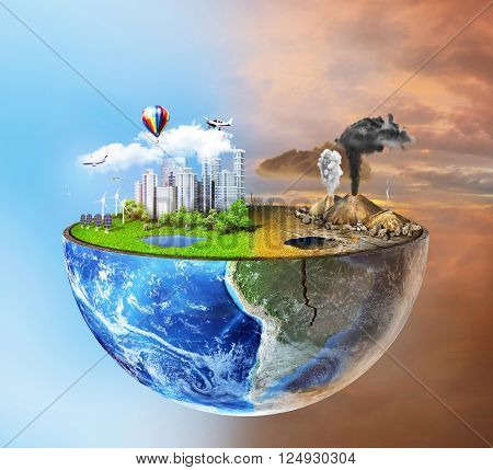 Eco concept. Half sphere of earth with light side and darker side. One side is eco city different side is empty and dry ground with mountains.