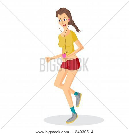 Vector modern flat design woman wearing headphones listening music. Cartoon character of music lover enjoying his favorite track. Music lover woman listening to music and playing sports, jogging run