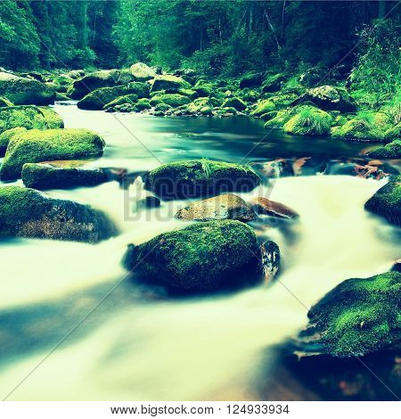 Mountain River With Blurred Waves Of Clear Water. White Curves In Rapids Between Mossy Boulders And