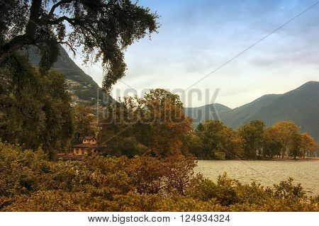 View on Lugano lake. In foreground are trees and bushes. In the middle can be seen lake and pretty haus. Mountains and sky in back plane.