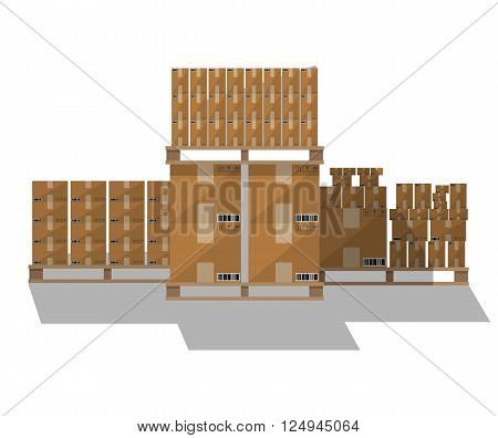 Set of closed brown carton delivery boxes in various sizes with fragile signs and barcode on wooden pallet with shadow. vector illustration in flat design isolated on white background