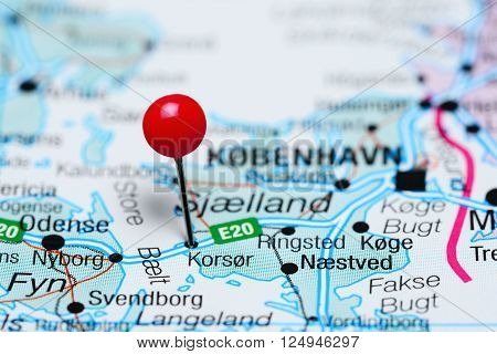 Korsor pinned on a map of Denmark