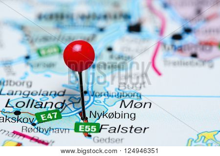 Nykobing Falster pinned on a map of Denmark