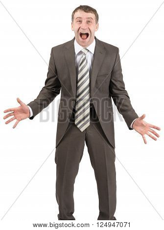 Happy businessman laughing with opem mouth isolated on white background
