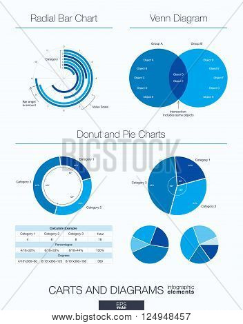 Useful infographic template. Set of graphic design elements, venn diagram, radial bar, donut and pie charts. Vector illustration.