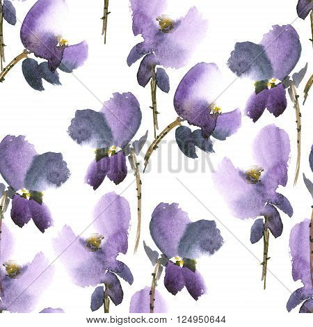 Watercolor and ink illustration of violet flowers in style sumi-e u-sin gohua. Oriental traditional painting. Seamless pattern.