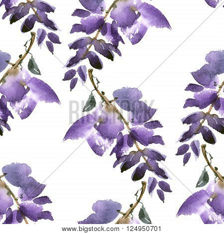 Watercolor and ink illustration of violet flowers in style sumi-e u-sin gohua. Oriental traditional painting. Seamless pattern.