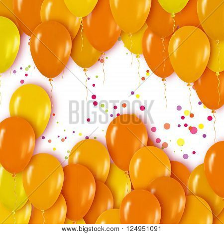 Realistic 3d Yellow Gold Balloons Flying for Party and Celebrations.Trendy Design element with Happy Birthday and confetti on white background. Vector Illustration.