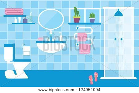 Flat style vector illustration. Toilet and bathroom interior with furniture in blue colors