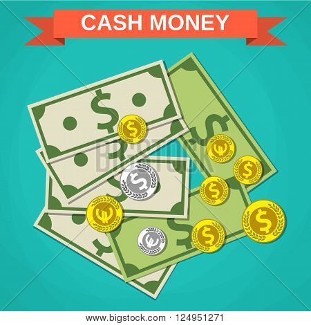 Cartoon money cash, green dollars and silver and gold coins with sign on red, money concpet, income, financial, vector illustration in flat design on green background