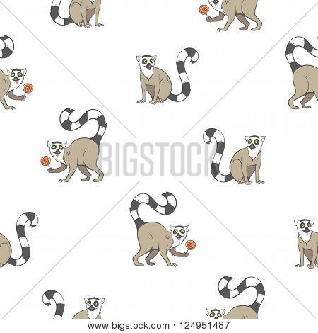 Seamless pattern with cute cartoon  ring-tailed lemurs on a white  background. Madagascar cats. Vector image.