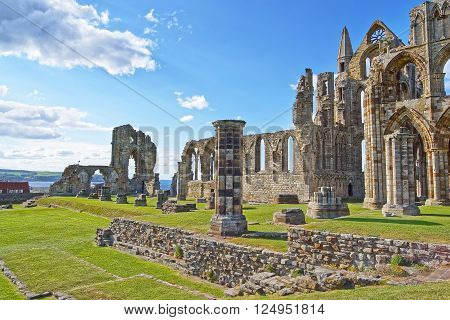 Ruined Entrance to Whitby Abbey in North Yorkshire in England. It is ruins of the Benedictine abbey. Now it is under protection of the English Heritage.