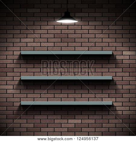 Empty shelves on a background of a brick wall. Illuminated by lamp. Stock vector illustration.