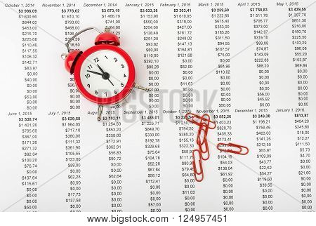 Alarm clock with paper clips on grpahical charts background, business concept