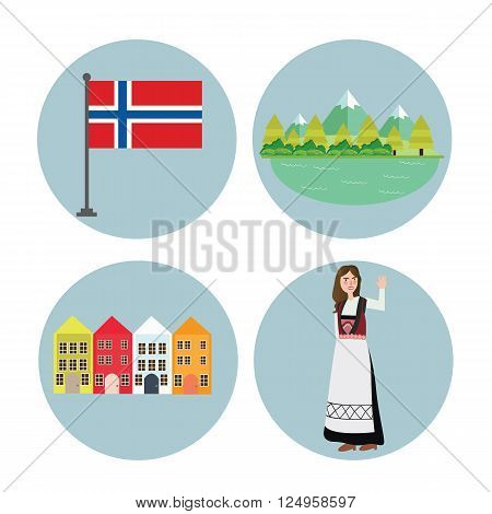 Norway icon Norwegian flag mountain building and girls in traditional costume clothes vector