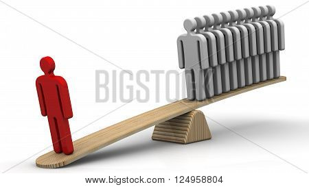 Comparison of the effectiveness of employees. One staff member replaces the several. One red human symbol weighed on the scales with a group of gray human symbols. The concept of comparing the efficiency of employees. Isolated. 3D Illustration