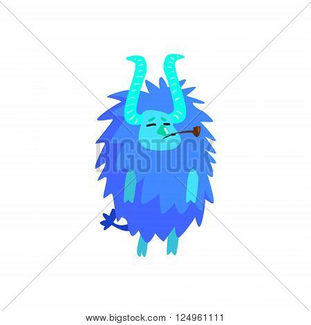 Blue Furry Childish Monster Flat Cartoon Style Isolated Vector Design Print On White Background