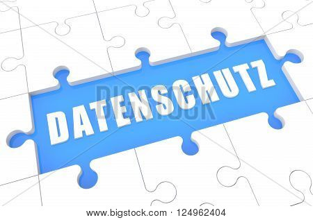 Datenschutz - german word for protection of data privancy - puzzle 3d render illustration with word on blue background